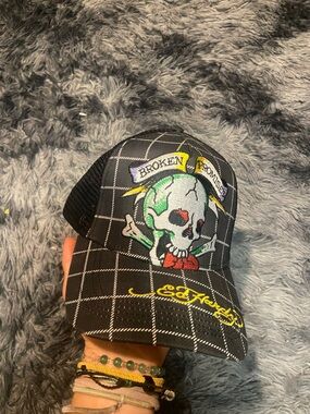 Ed Hardy Black Plaid Skull Kids Baseball Cap with Multicolor Embroidery